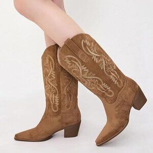 Cowgirl Boots Women Knee High Boots Pointed Toe and Block Heel with Embroidered